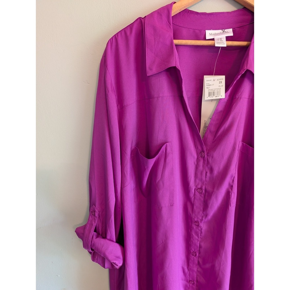 Motherhood Maternity Plus Blouse Button Up Long Sleeve Roll Tab Fuchsia Career - Picture 3 of 12
